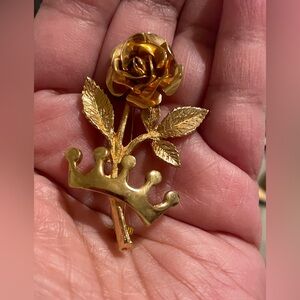 Gold Rose and Crown Brooch - Floral Pin